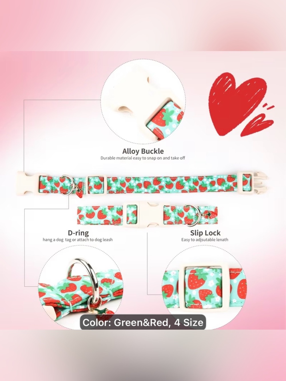 Strawberry Print Dog Collar - Mint Green. Sizes M & L - Picture 5 of 5